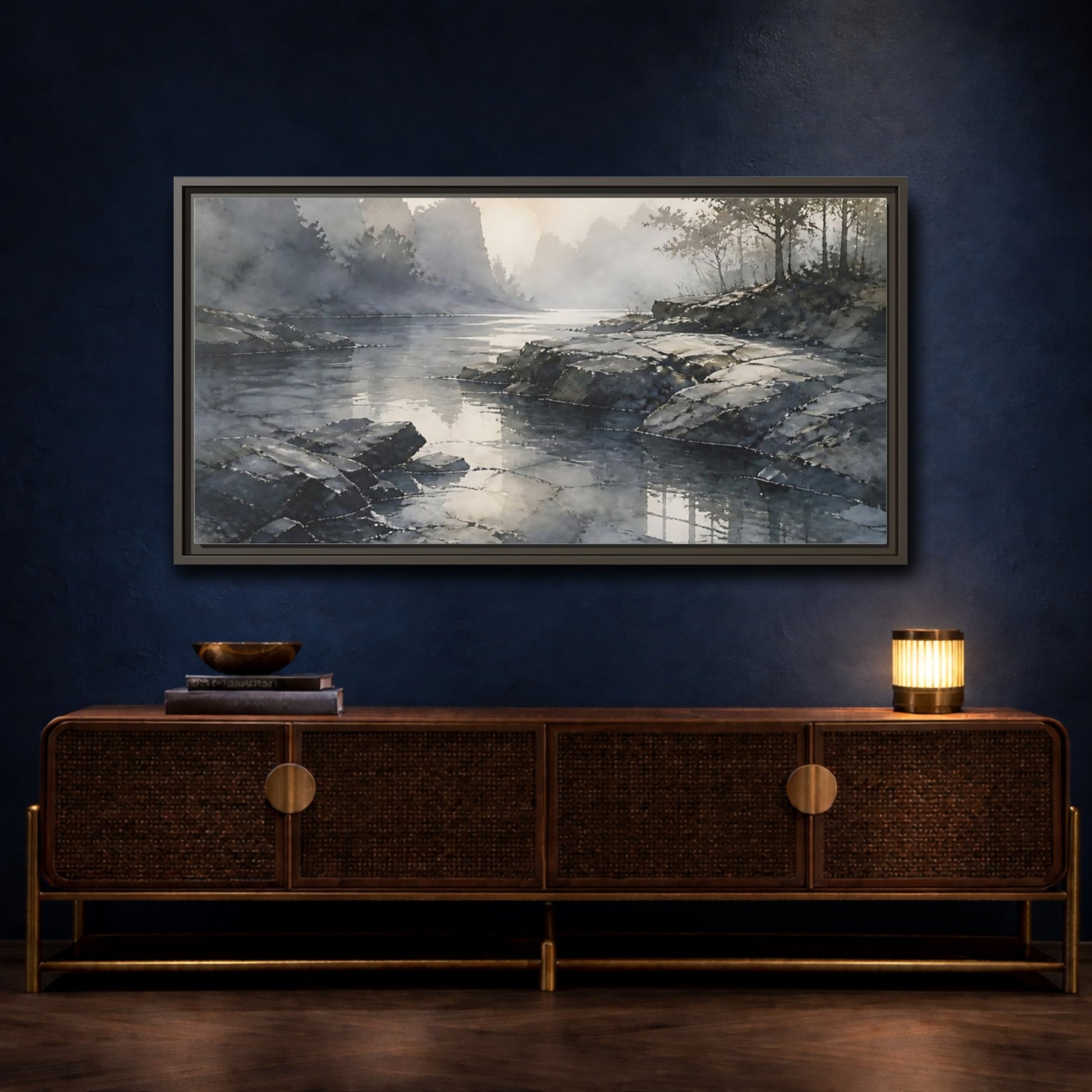 Mockup 4. Misty Rock Shoreline shown as framed canvas print