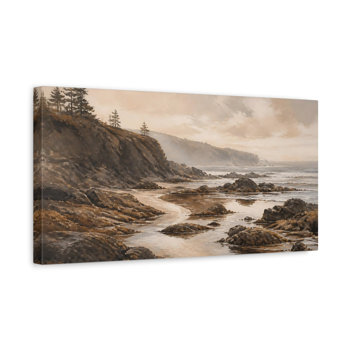 Side Mockup 3. Misty Rocky Shoreline shown as canvas print