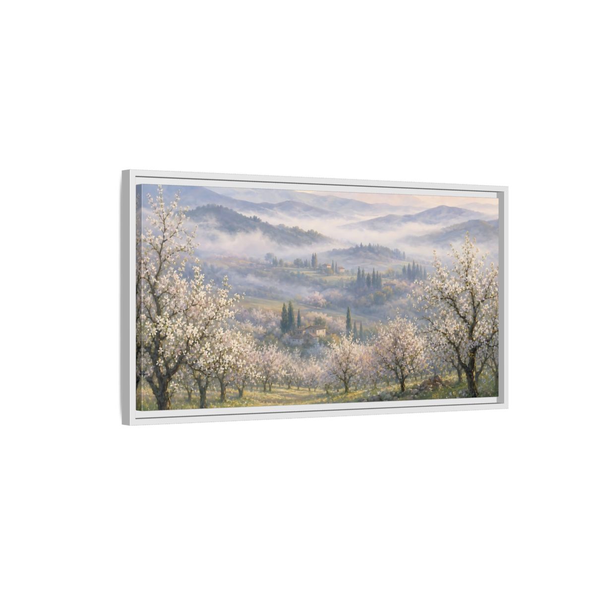 Side Mockup 1. Misty Spring Orchard shown as framed canvas print