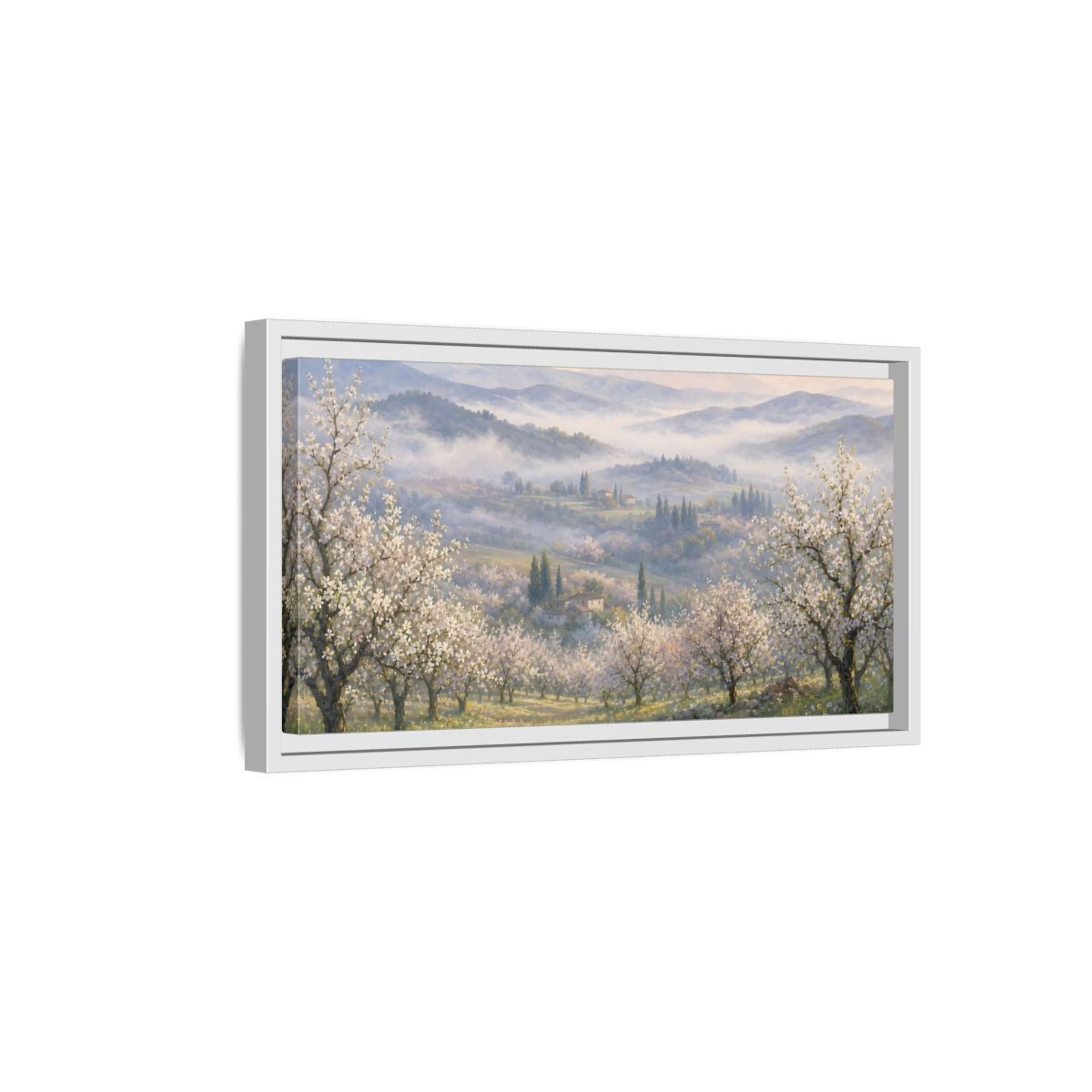 Side Mockup 6. Misty Spring Orchard shown as framed canvas print