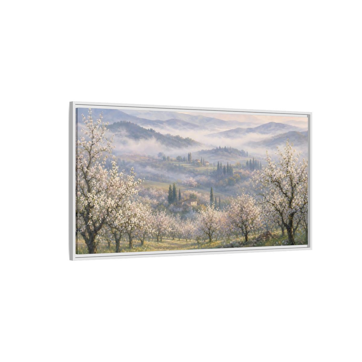 Side Mockup 3. Misty Spring Orchard shown as framed canvas print