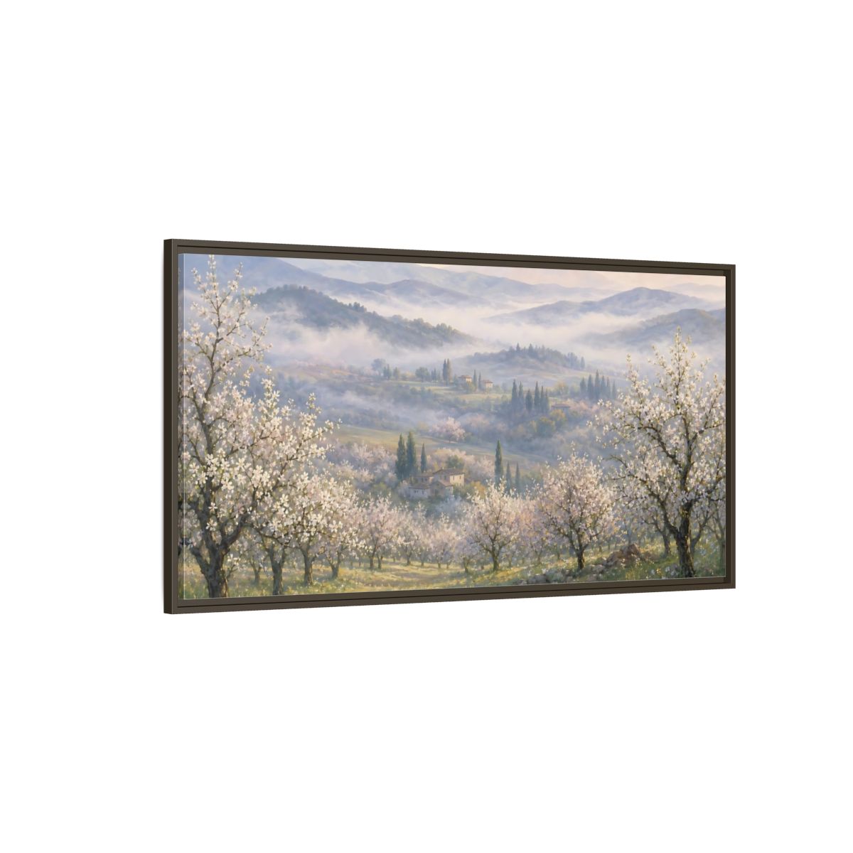 Side Mockup 4. Misty Spring Orchard shown as framed canvas print