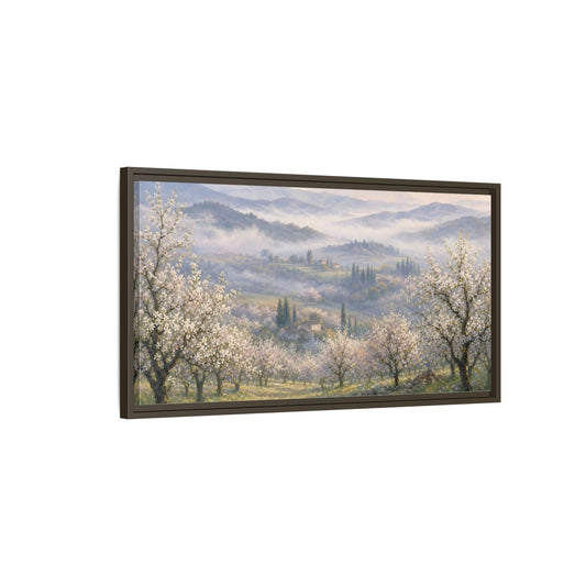 Main Mockup. Misty Spring Orchard shown as framed canvas print