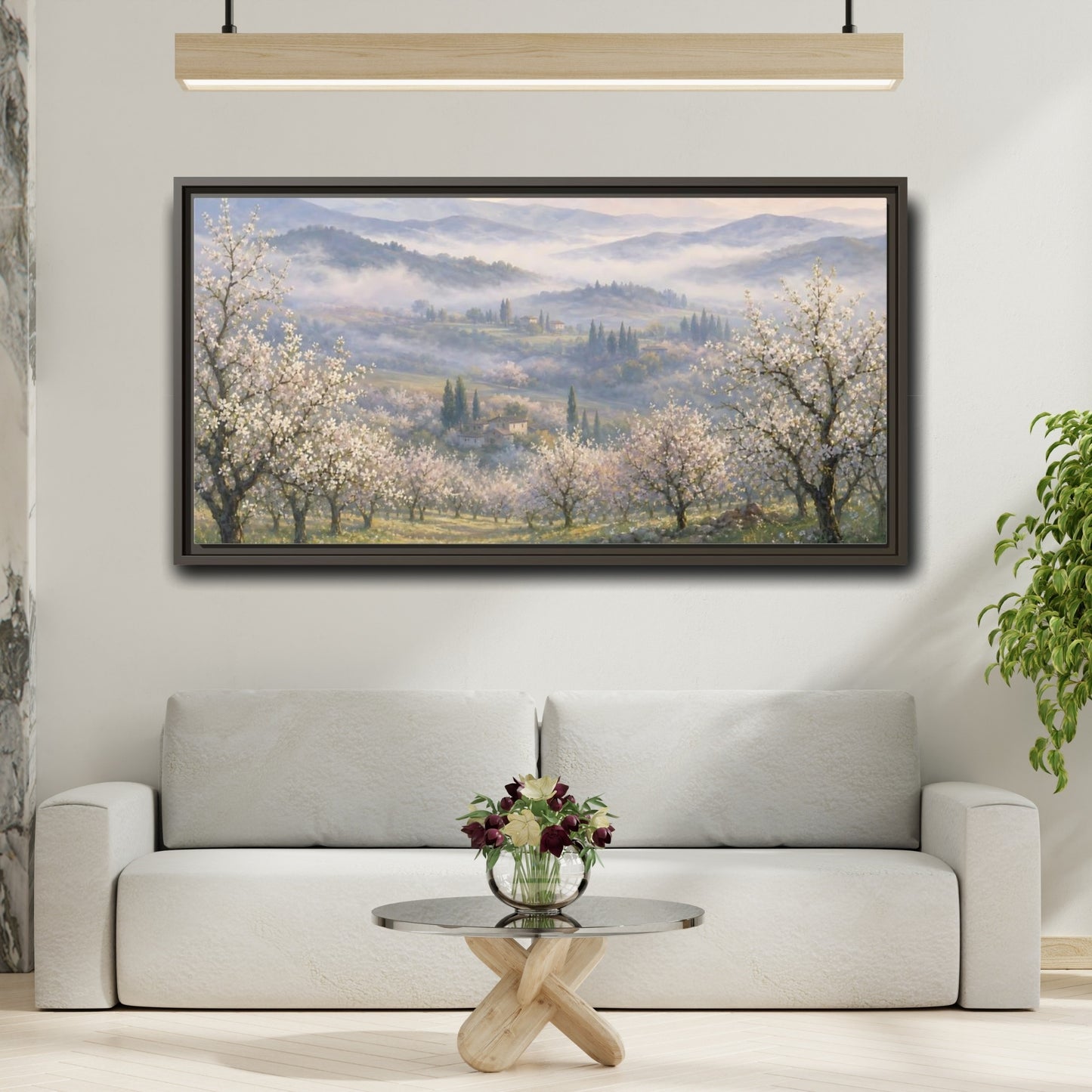 Mockup 2. Misty Spring Orchard shown as framed canvas print