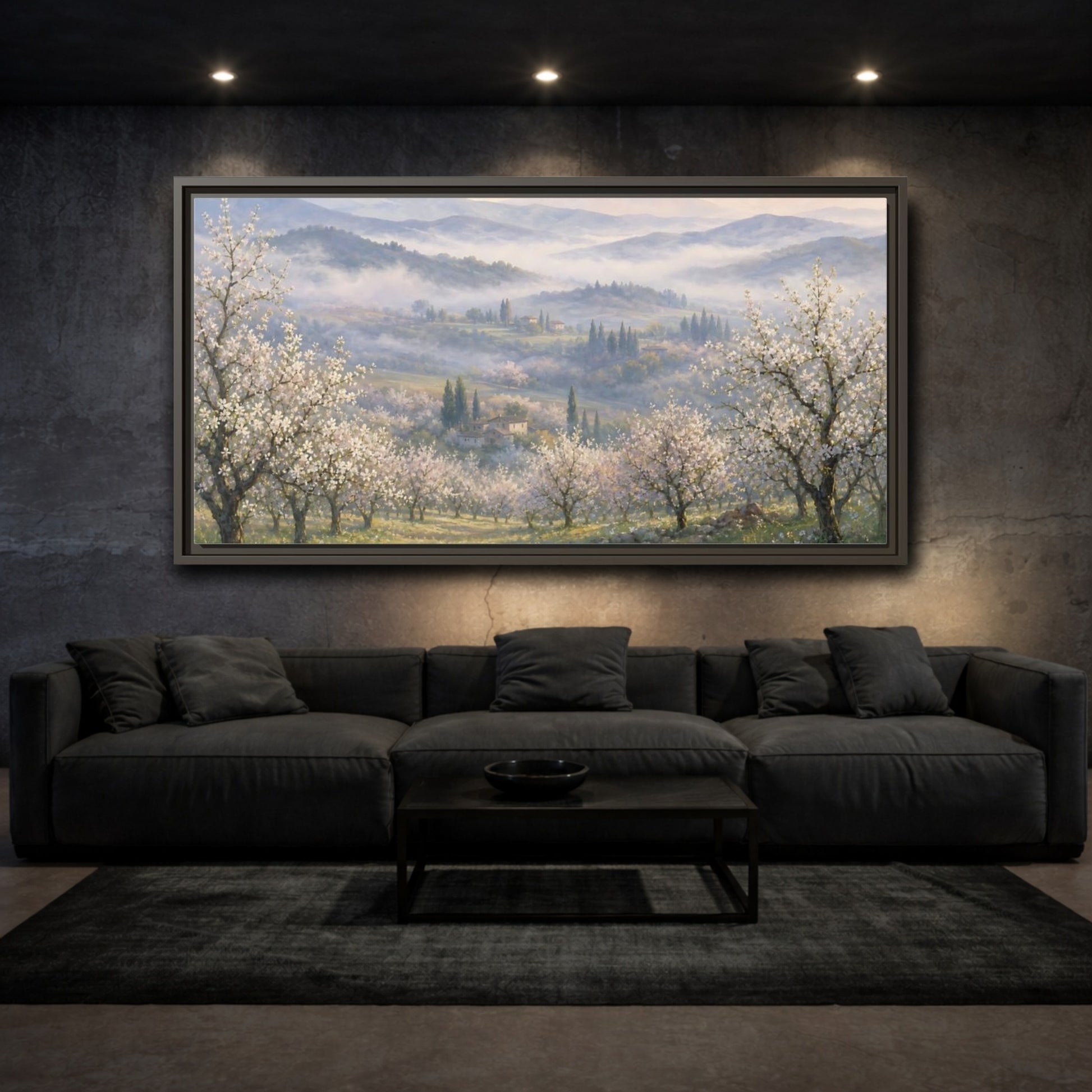 Mockup 3. Misty Spring Orchard shown as framed canvas print