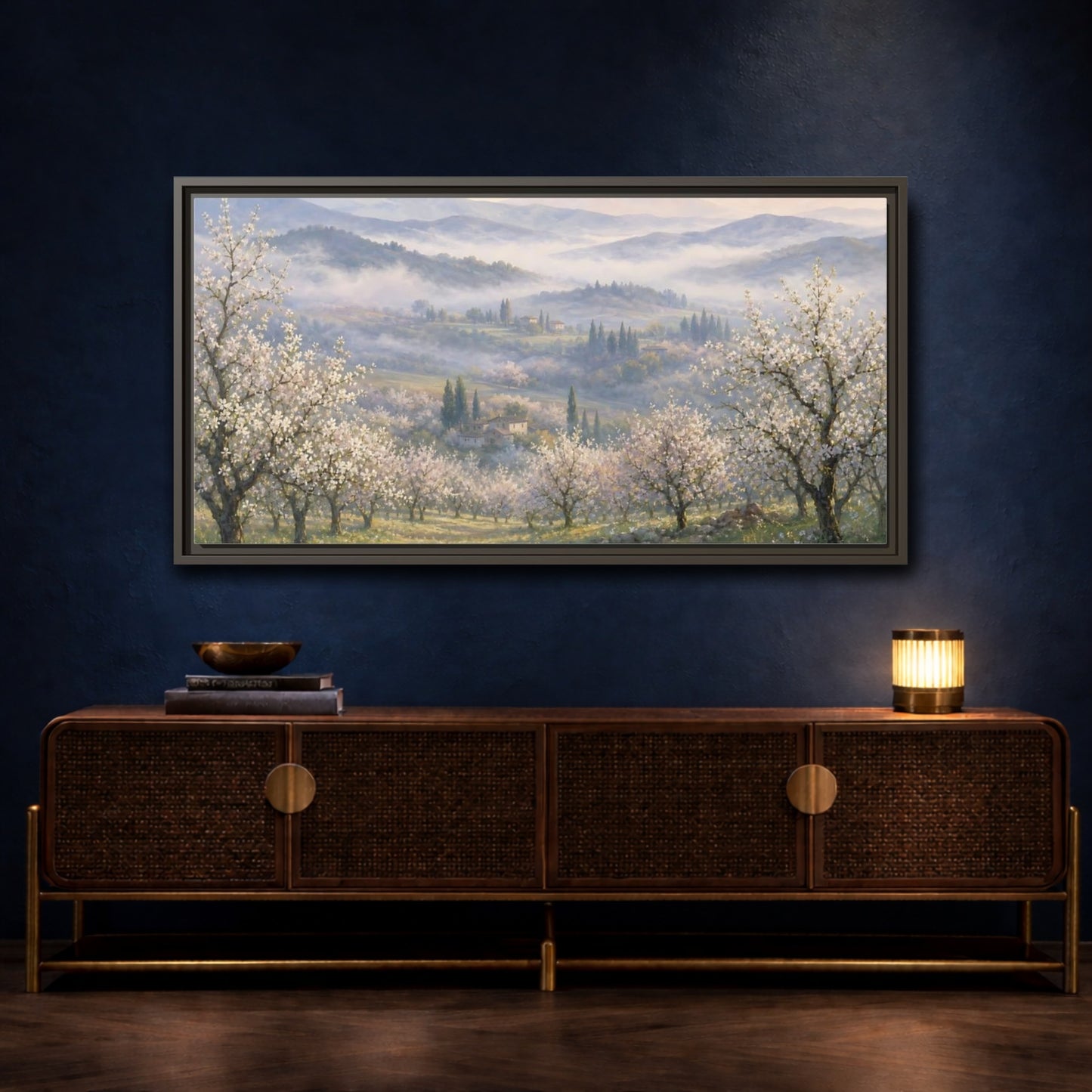 Mockup 4. Misty Spring Orchard shown as framed canvas print