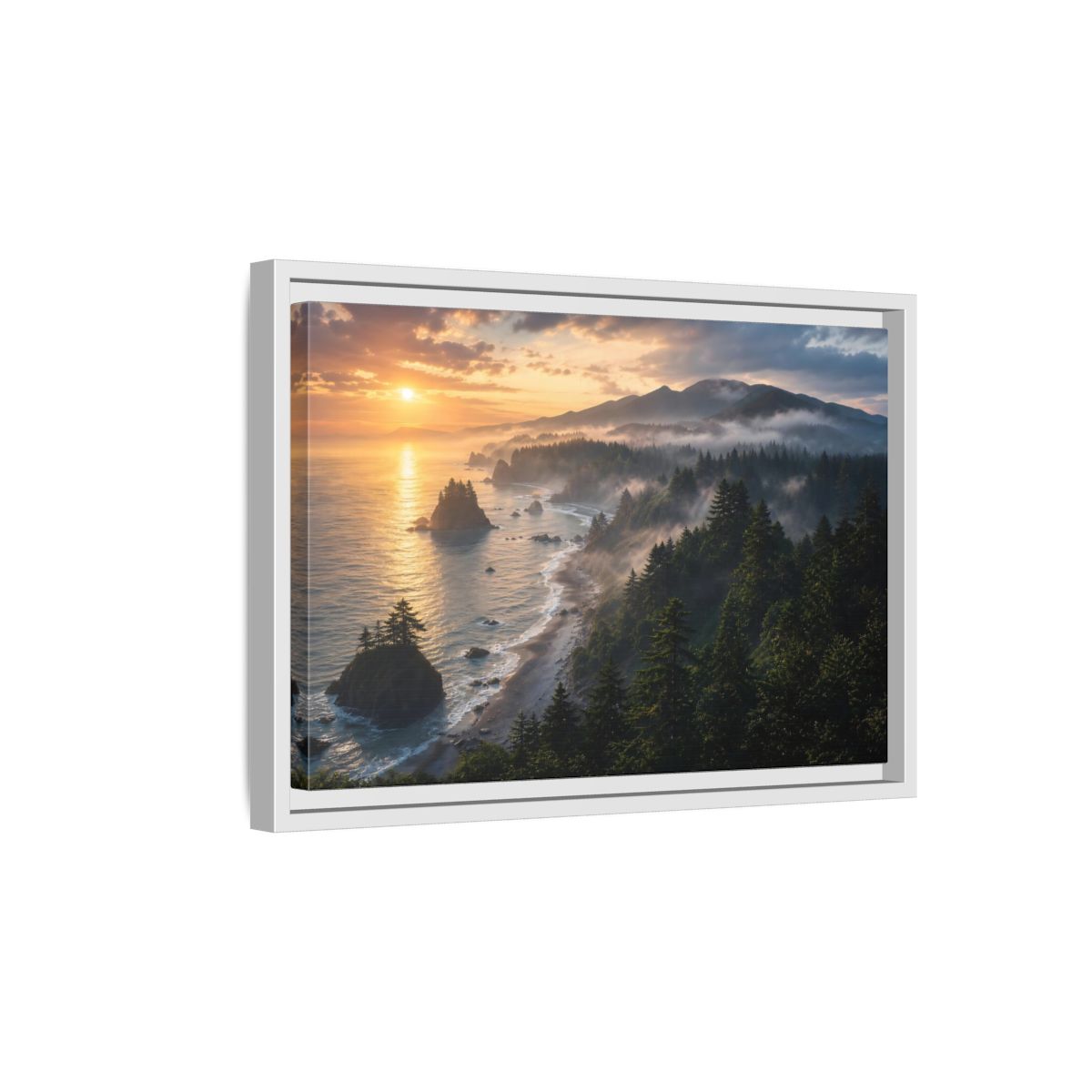 Side Mockup 4. Misty Sunset Coastline shown as framed canvas print