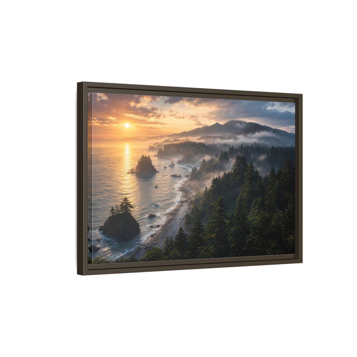 Side Mockup 2. Misty Sunset Coastline shown as framed canvas print