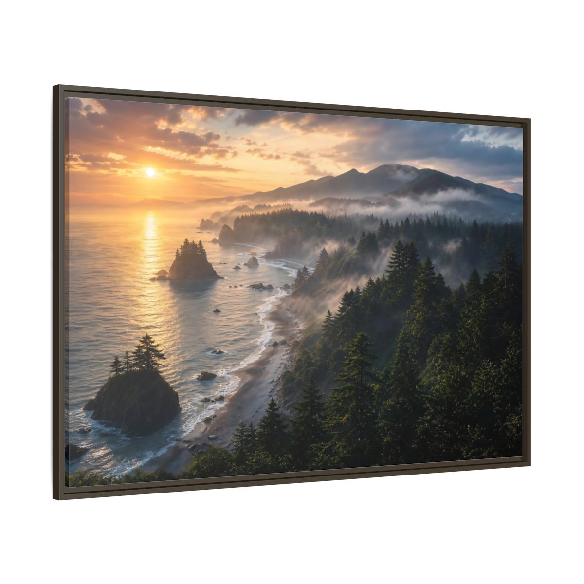 Side Mockup 8. Misty Sunset Coastline shown as framed canvas print