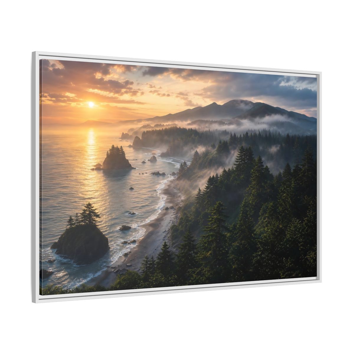 Side Mockup 7. Misty Sunset Coastline shown as framed canvas print