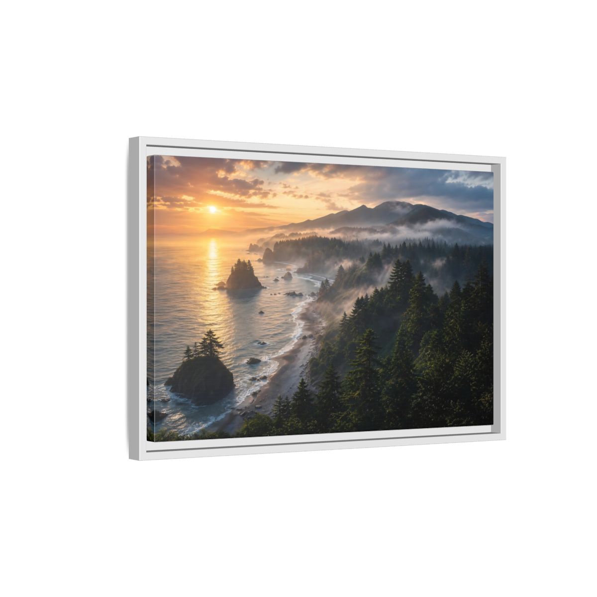 Side Mockup 1. Misty Sunset Coastline shown as framed canvas print