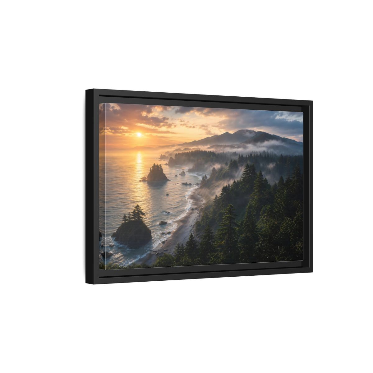 Side Mockup 6. Misty Sunset Coastline shown as framed canvas print
