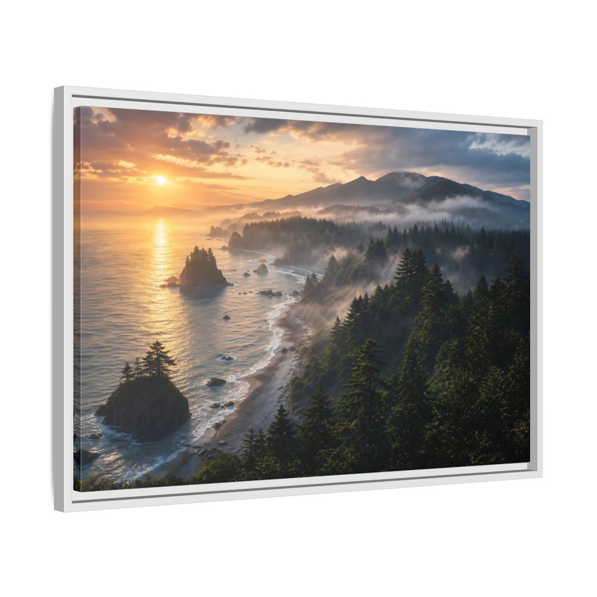 Side Mockup 10. Misty Sunset Coastline shown as framed canvas print