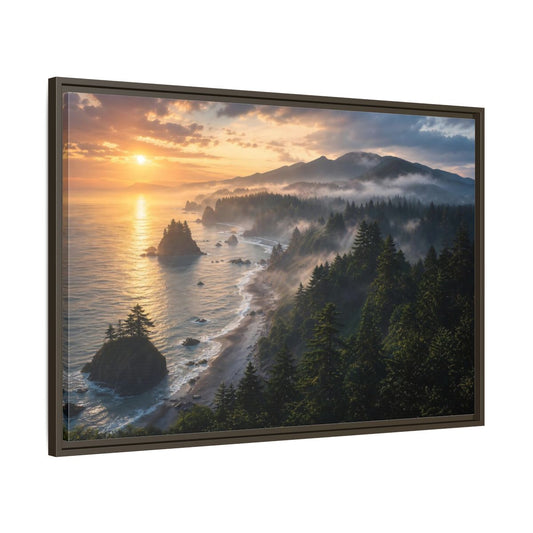 Main Mockup. Misty Sunset Coastline shown as framed canvas print
