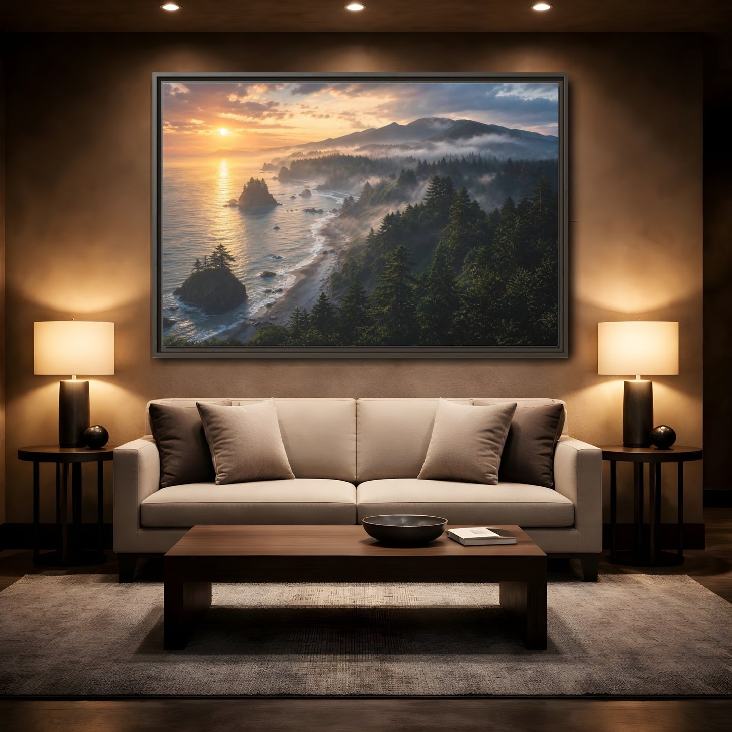 Mockup 2. Misty Sunset Coastline shown as framed canvas print