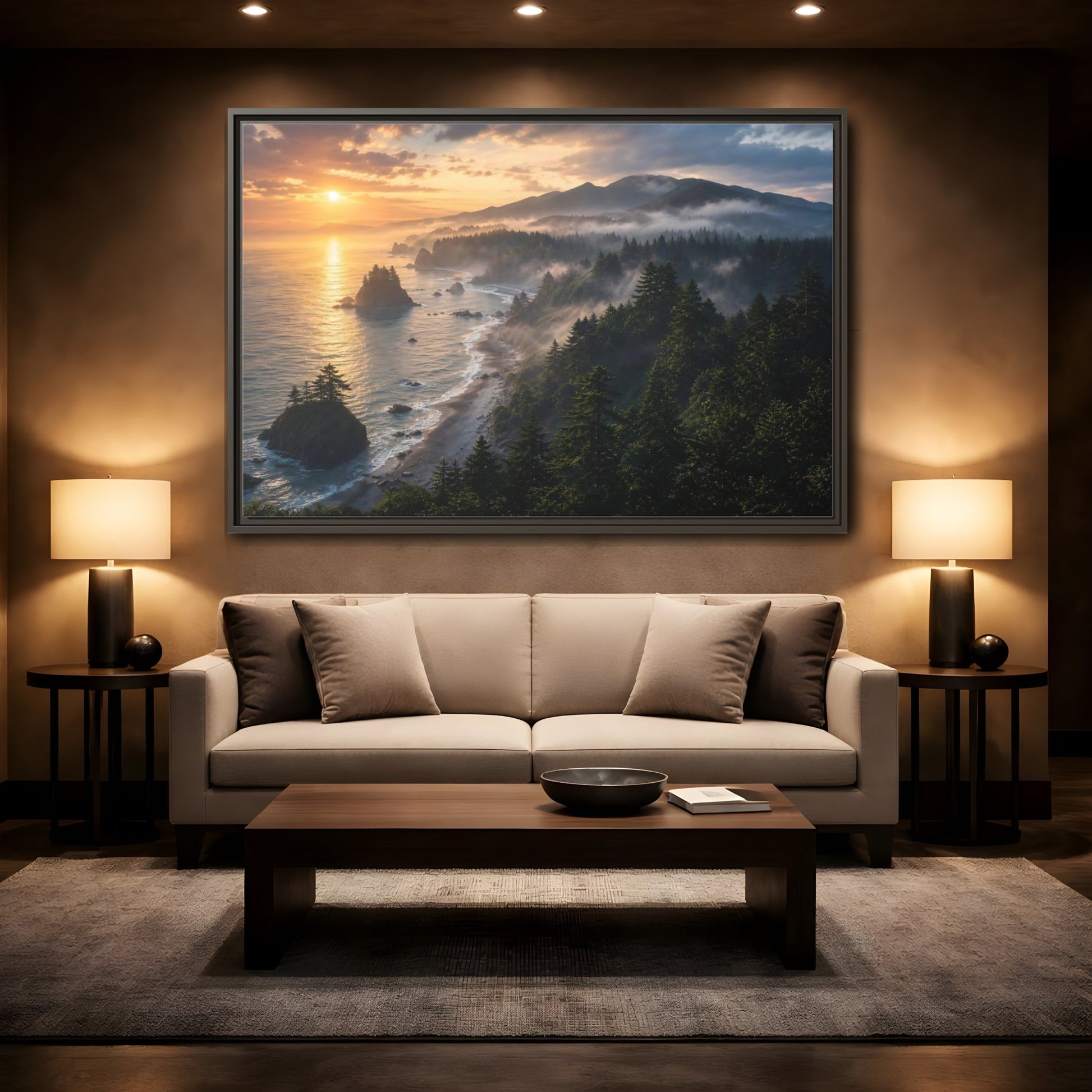 Mockup 2. Misty Sunset Coastline shown as framed canvas print