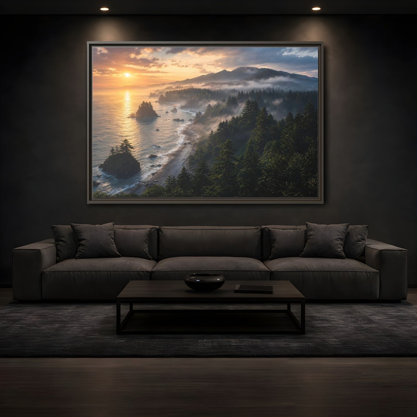 Mockup 3. Misty Sunset Coastline shown as framed canvas print