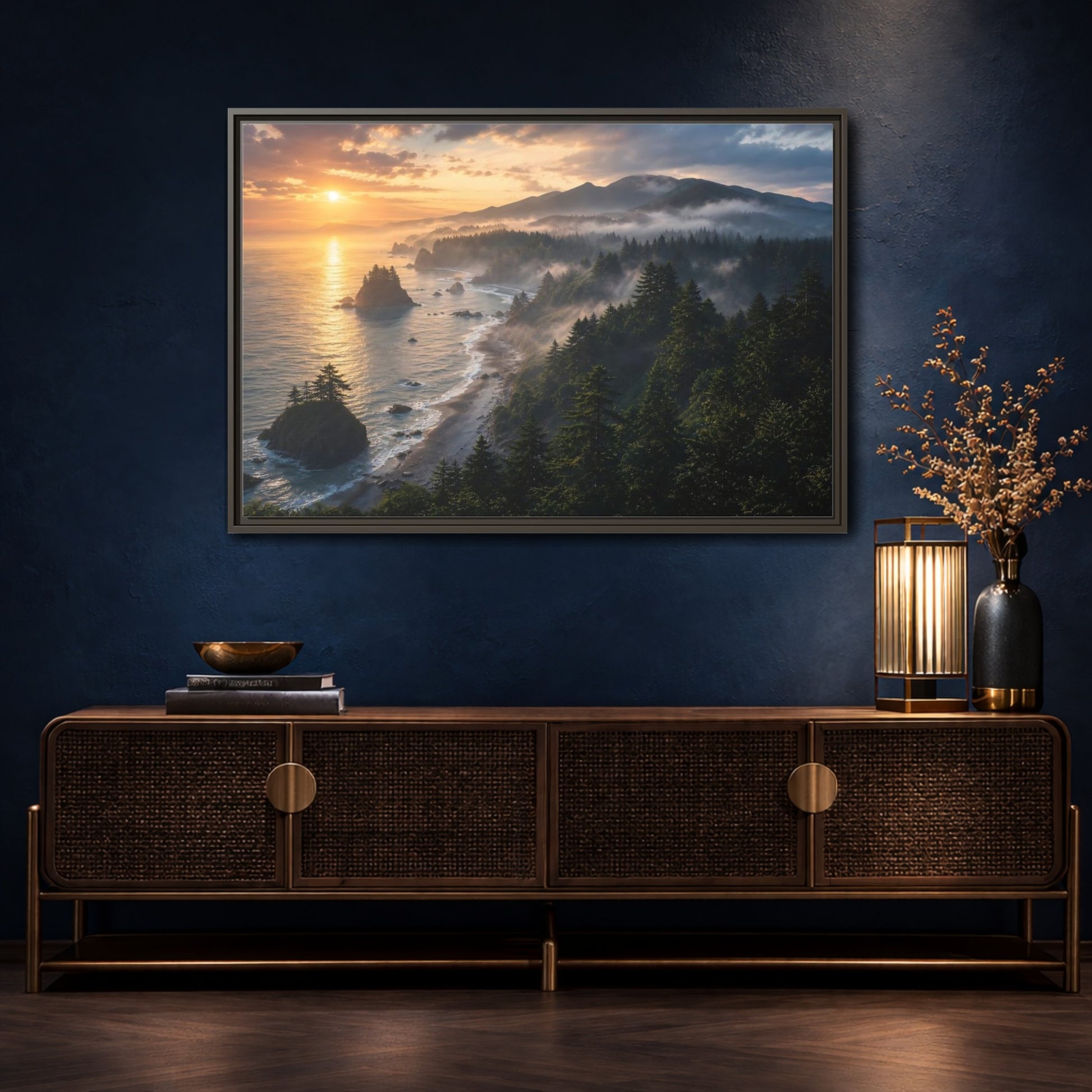 Mockup 4. Misty Sunset Coastline shown as framed canvas print