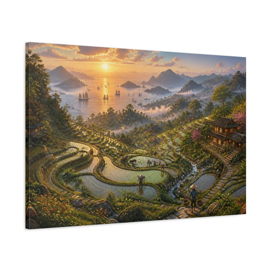 Main Mockup. Misty Sunset Rice Terraces shown as canvas print