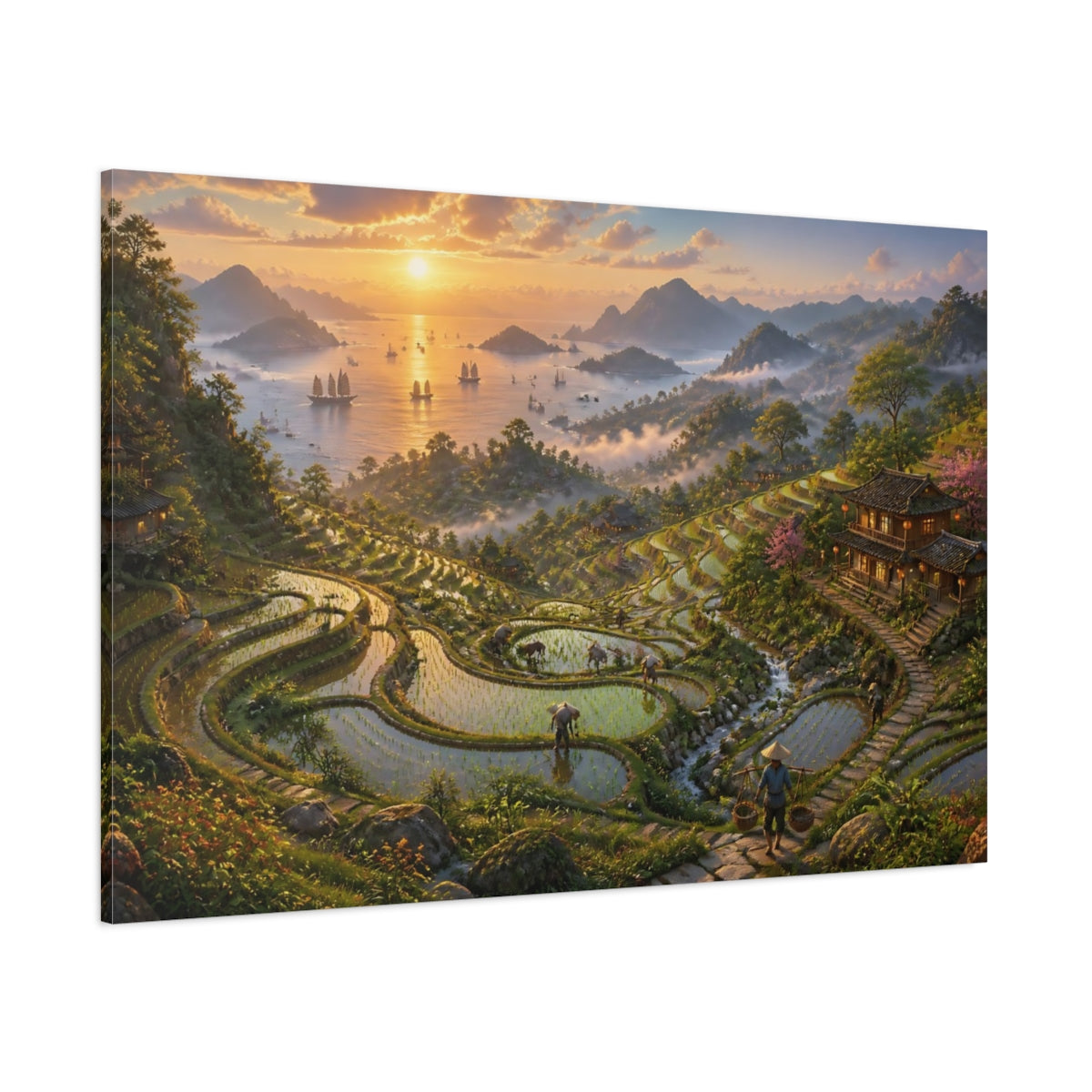 Side Mockup 1. Misty Sunset Rice Terraces shown as canvas print