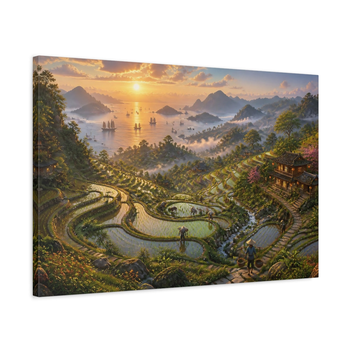 Side Mockup 2. Misty Sunset Rice Terraces shown as canvas print