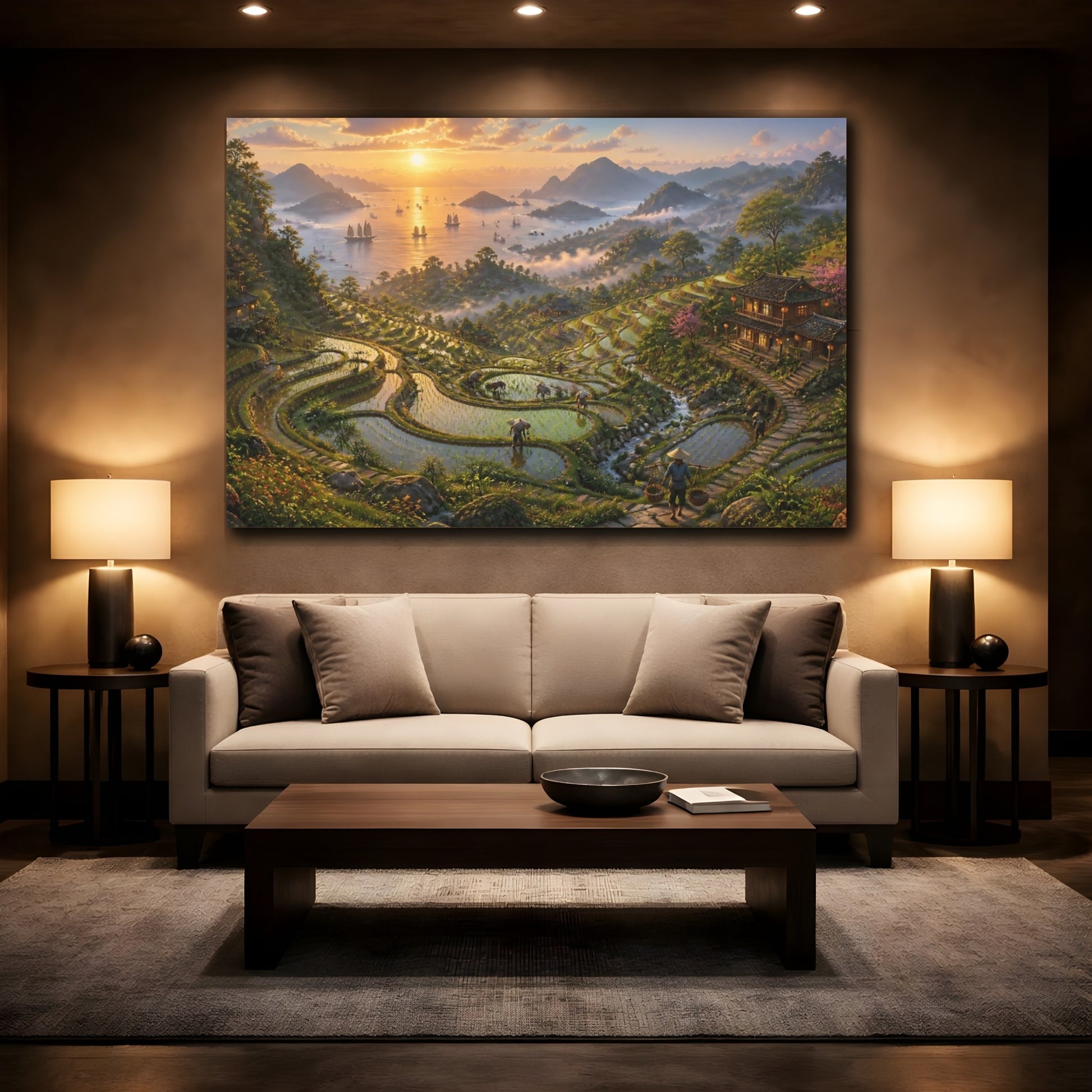 Mockup 2. Misty Sunset Rice Terraces shown as canvas print
