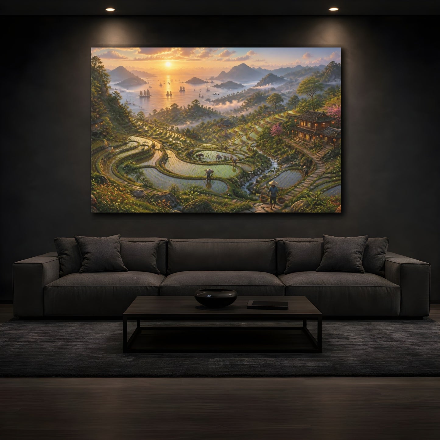 Mockup 3. Misty Sunset Rice Terraces shown as canvas print