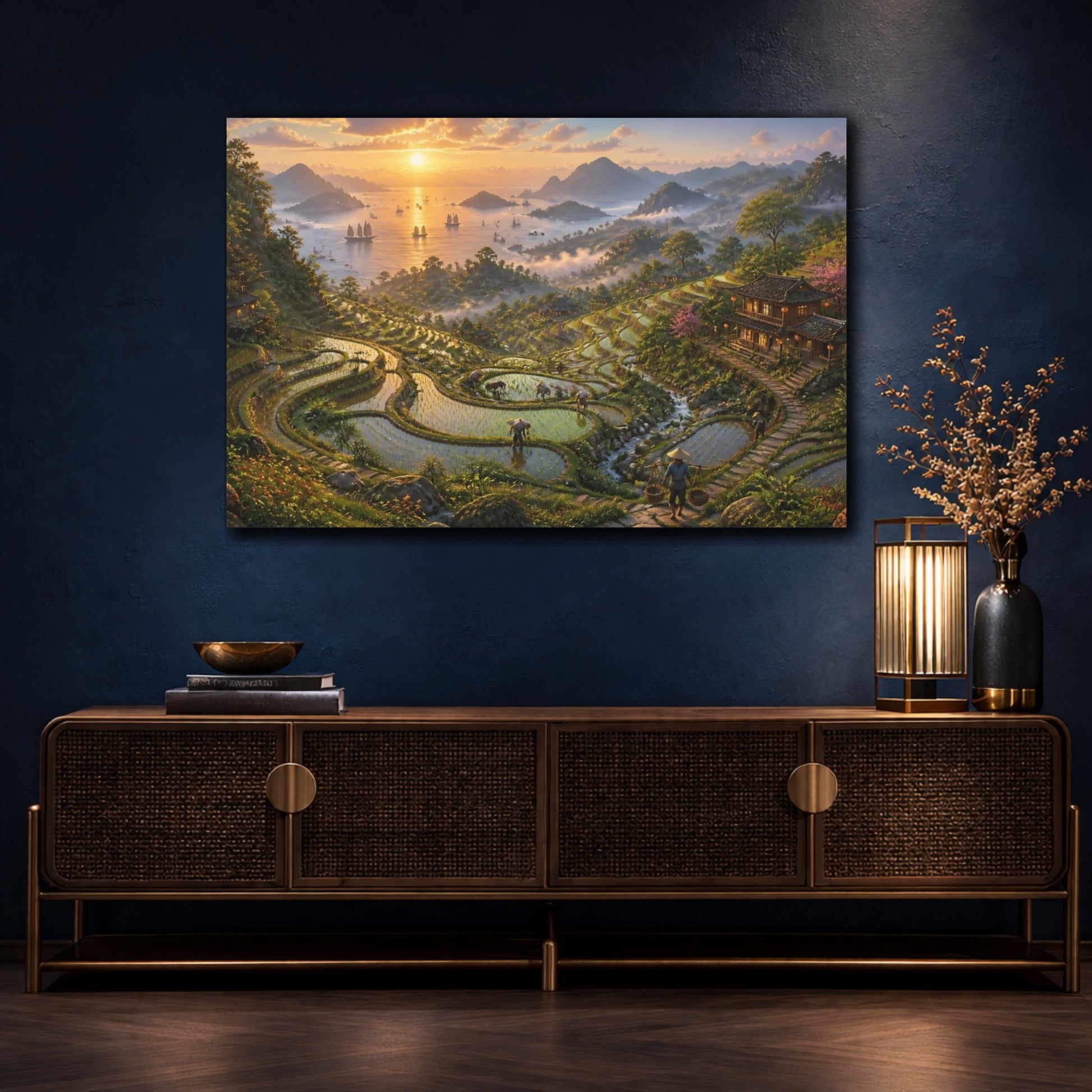 Mockup 4. Misty Sunset Rice Terraces shown as canvas print