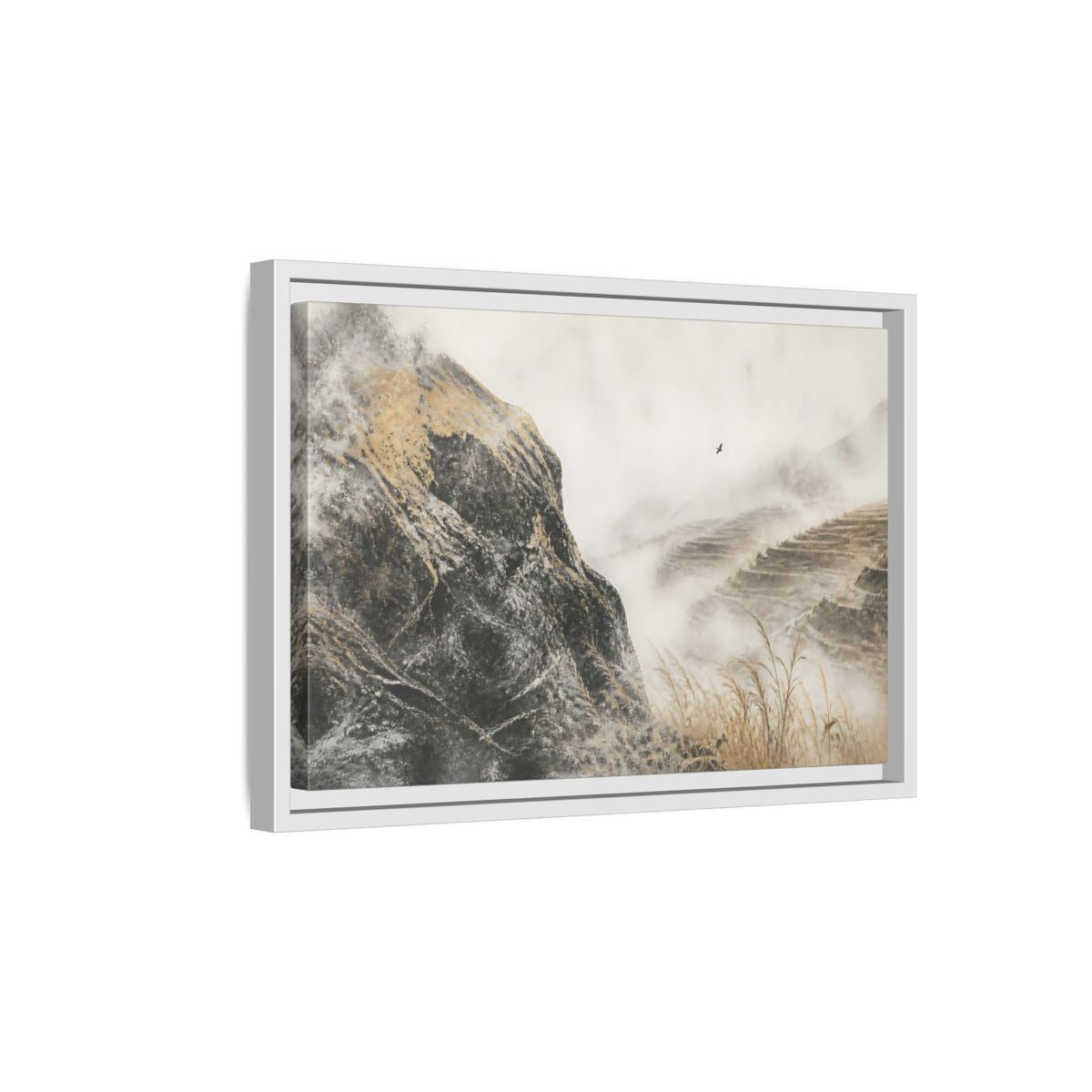 Side Mockup 4. Misty Terraced Hills shown as framed canvas print