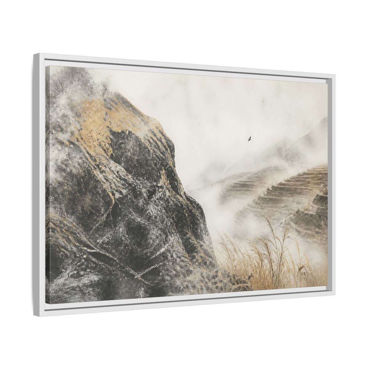 Side Mockup 10. Misty Terraced Hills shown as framed canvas print