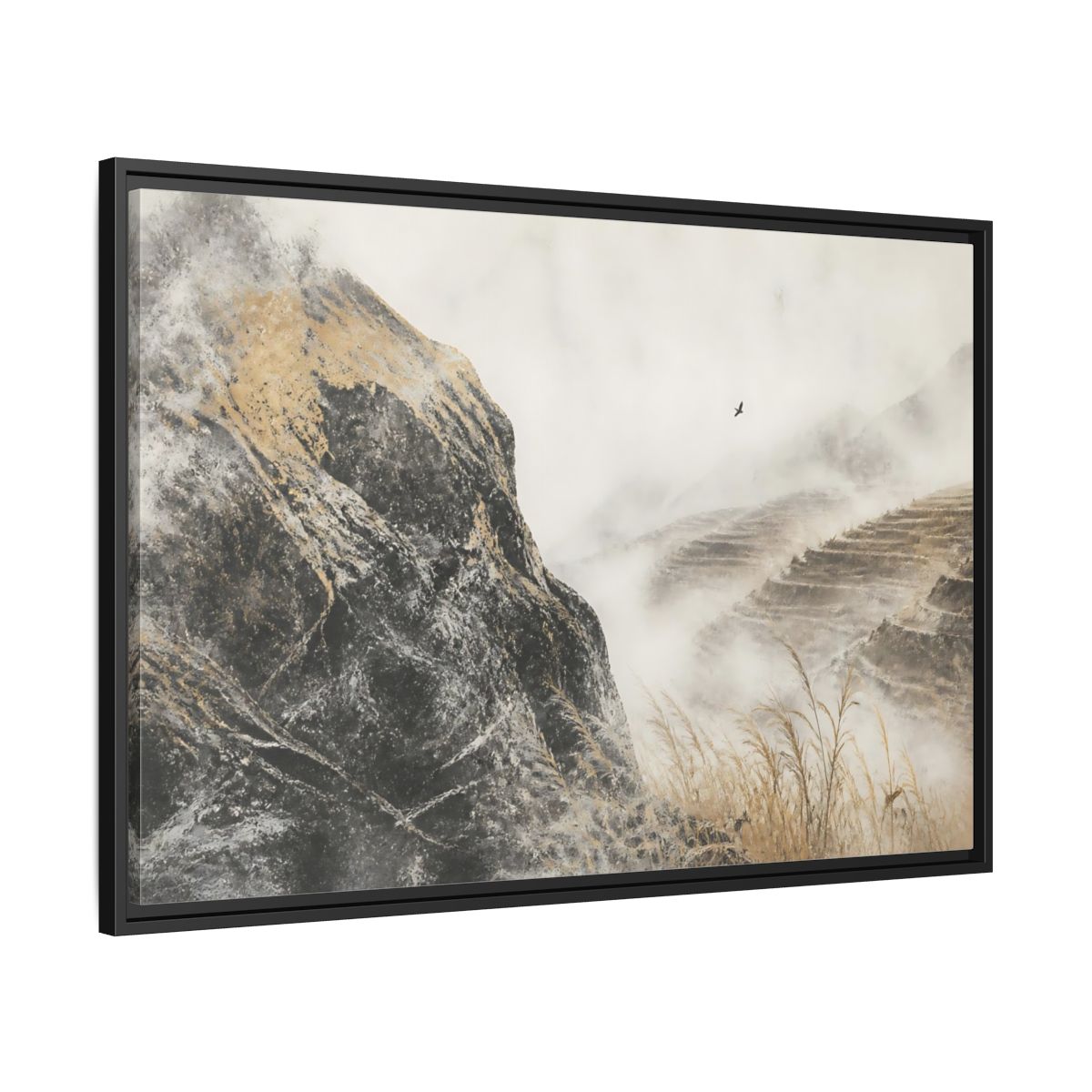 Side Mockup 13. Misty Terraced Hills shown as framed canvas print
