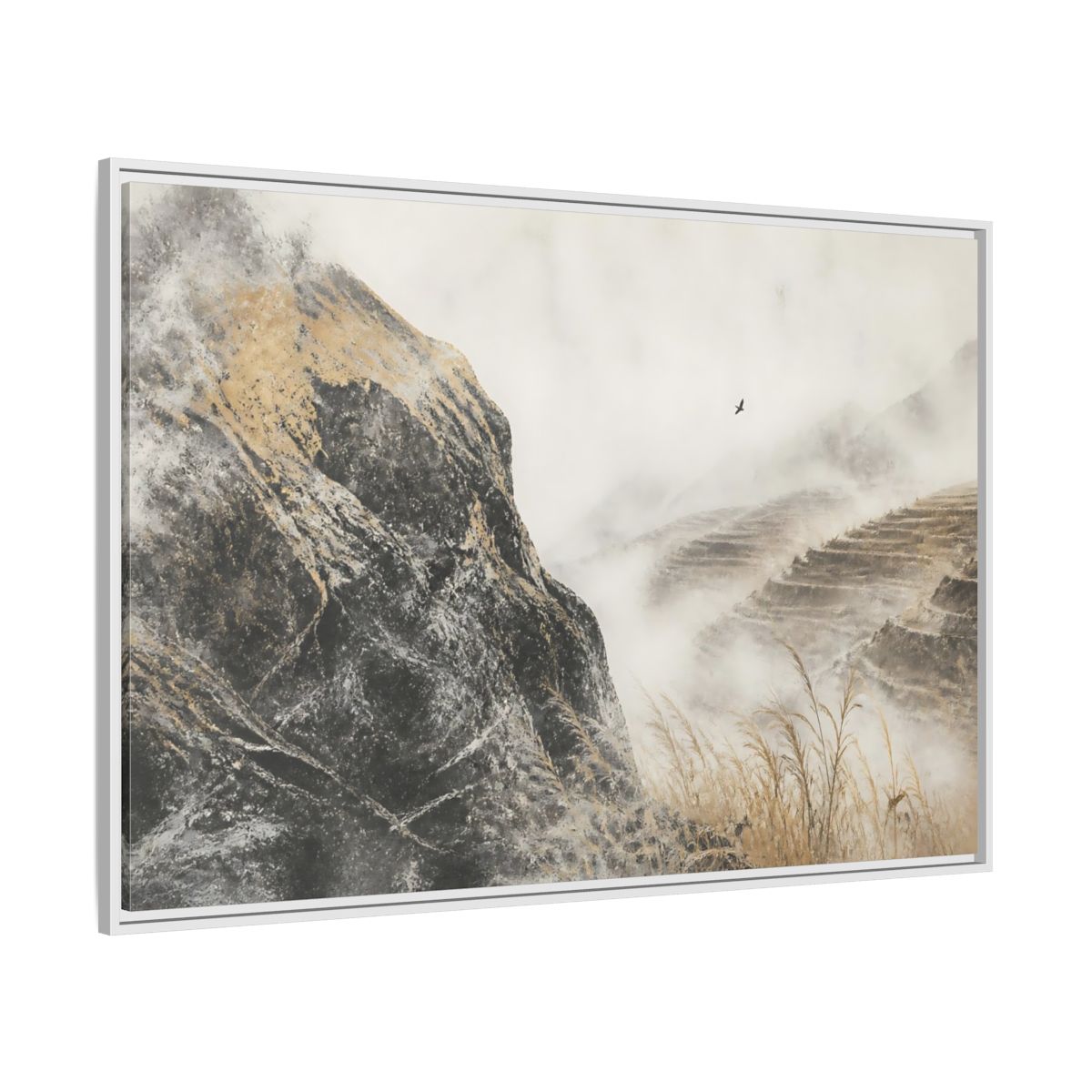 Side Mockup 7. Misty Terraced Hills shown as framed canvas print