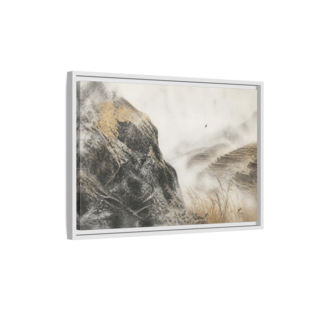 Side Mockup 1. Misty Terraced Hills shown as framed canvas print