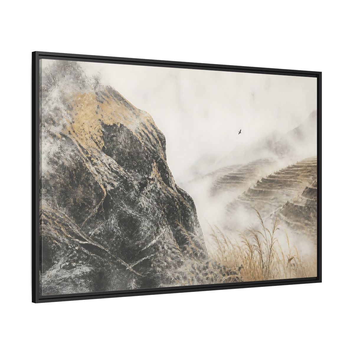 Side Mockup 12. Misty Terraced Hills shown as framed canvas print