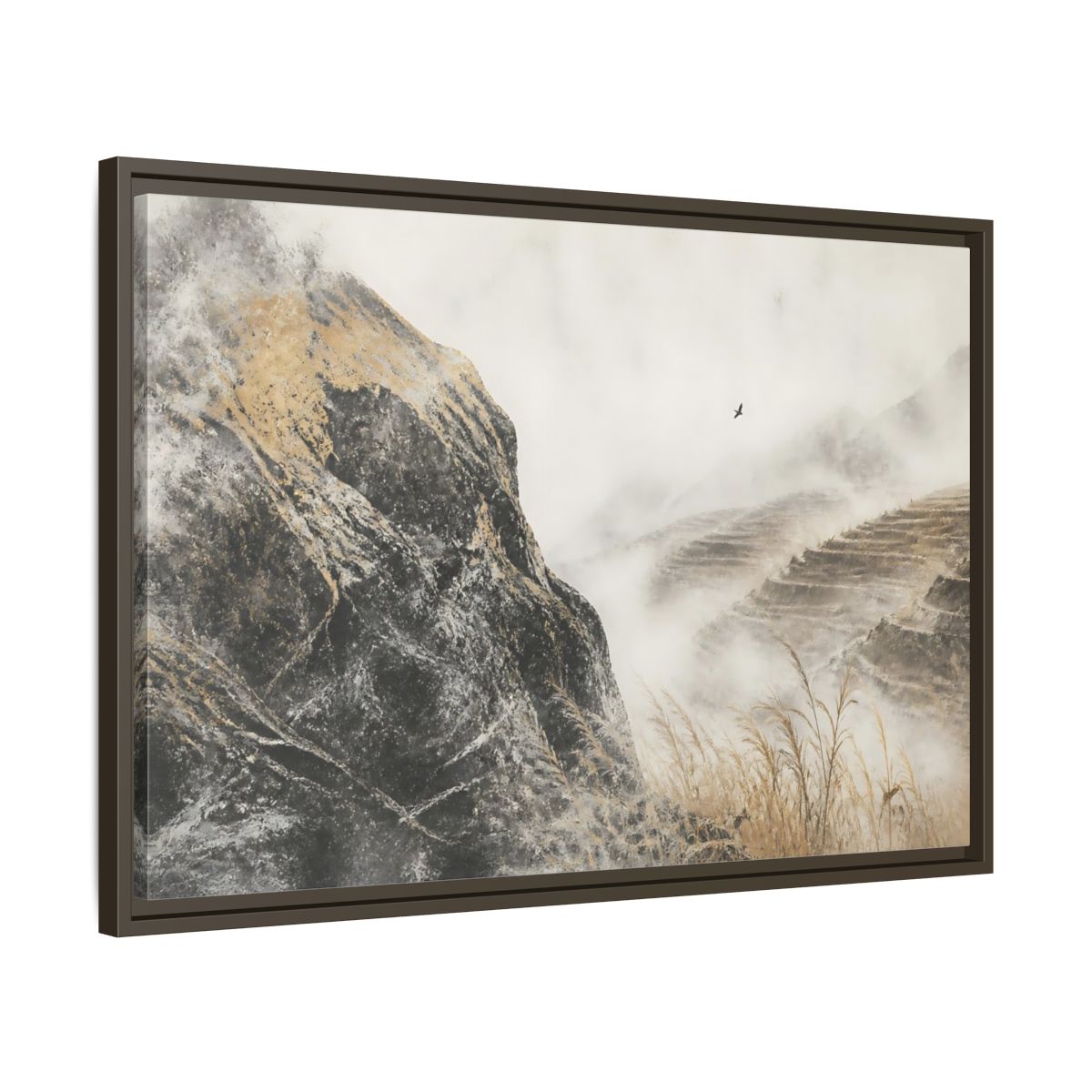 Side Mockup 11. Misty Terraced Hills shown as framed canvas print