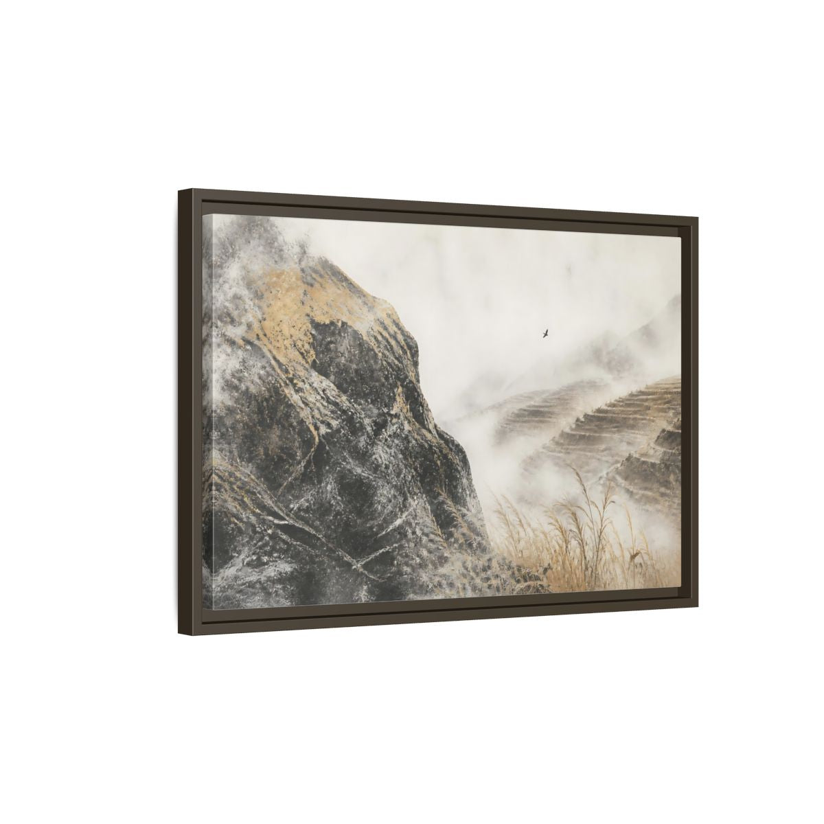 Side Mockup 2. Misty Terraced Hills shown as framed canvas print