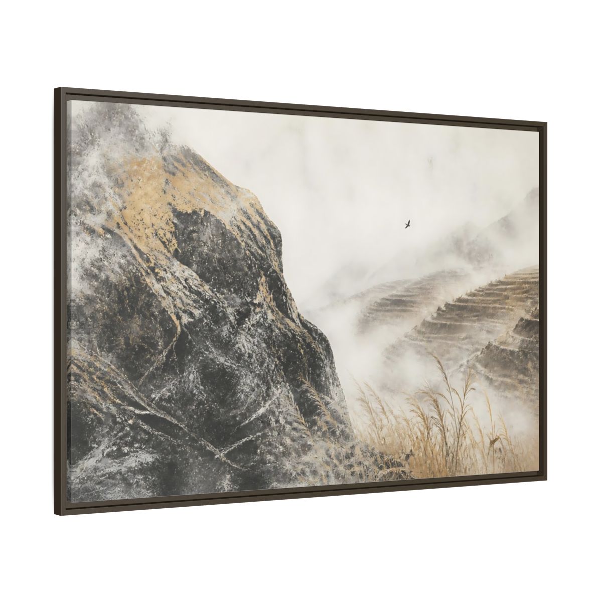 Side Mockup 8. Misty Terraced Hills shown as framed canvas print