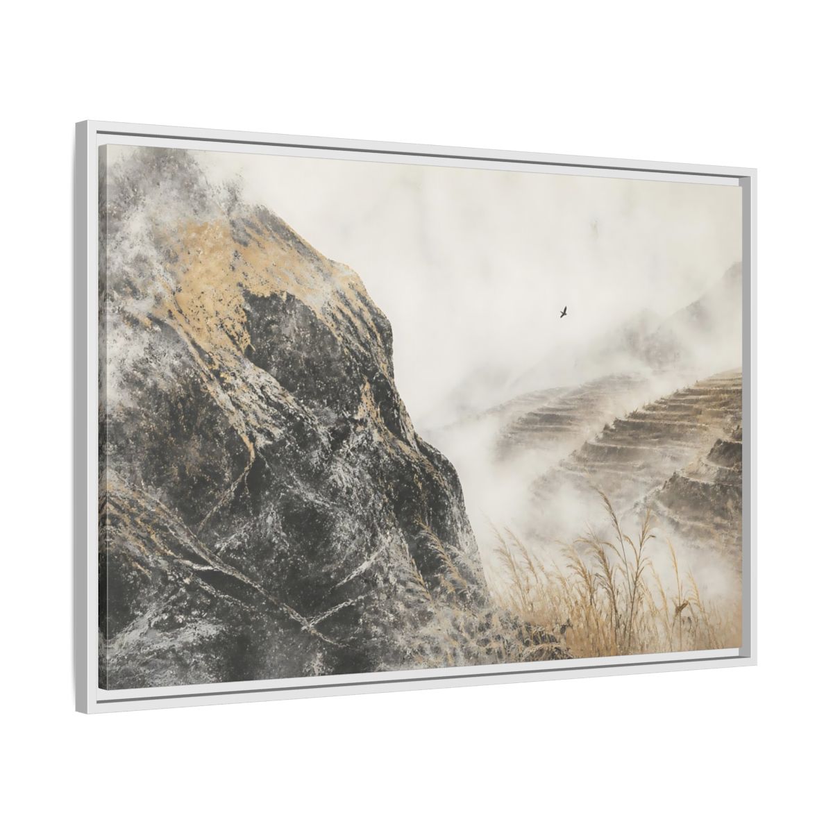 Side Mockup 9. Misty Terraced Hills shown as framed canvas print