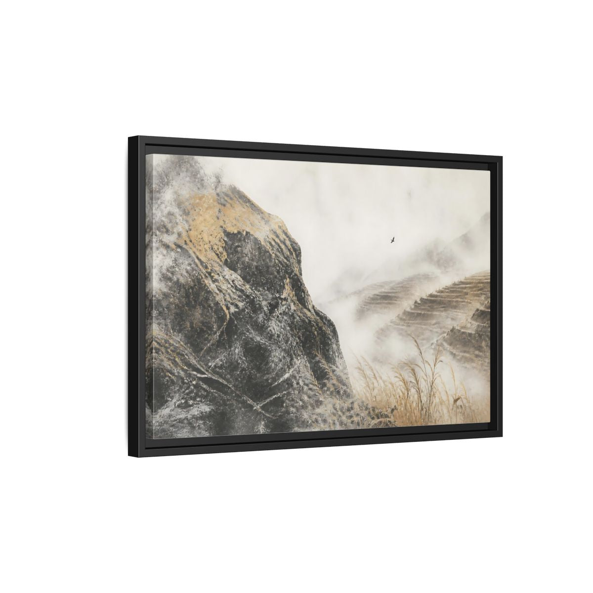 Side Mockup 3. Misty Terraced Hills shown as framed canvas print