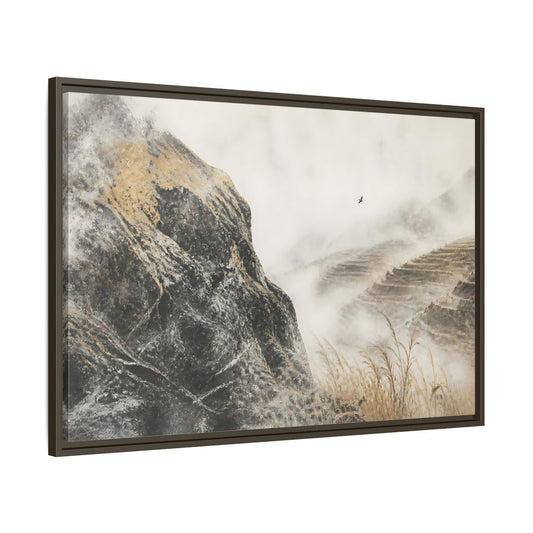 Main Mockup. Misty Terraced Hills shown as framed canvas print