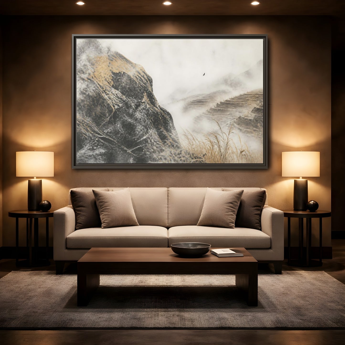 Mockup 2. Misty Terraced Hills shown as framed canvas print
