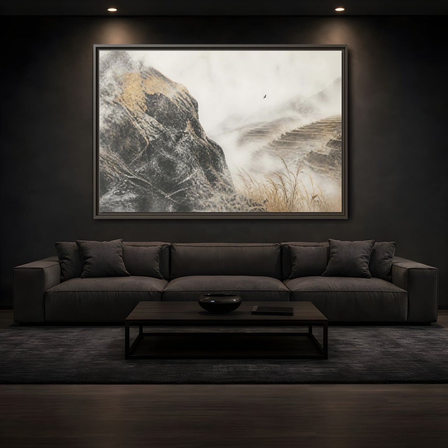 Mockup 3. Misty Terraced Hills shown as framed canvas print