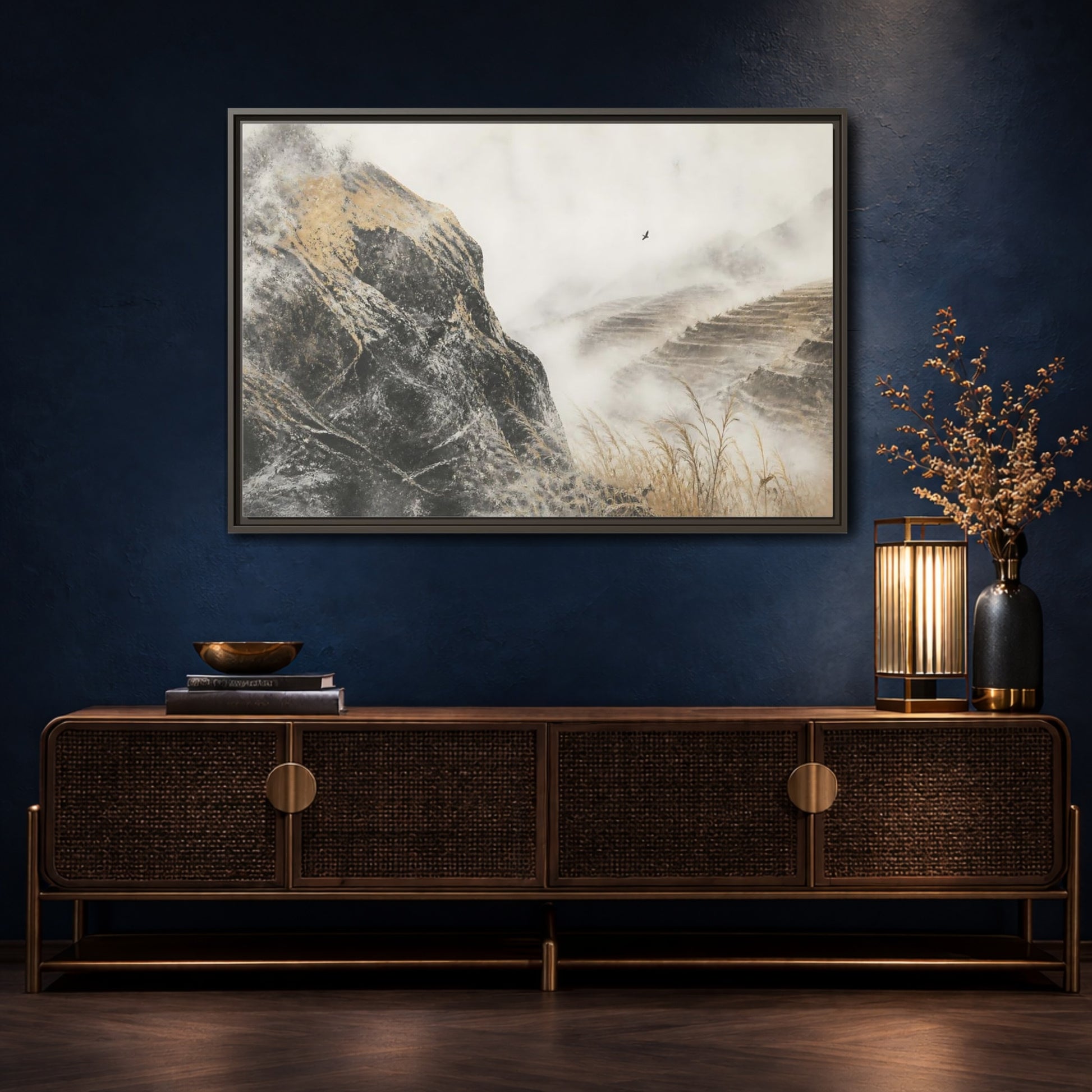 Mockup 4. Misty Terraced Hills shown as framed canvas print