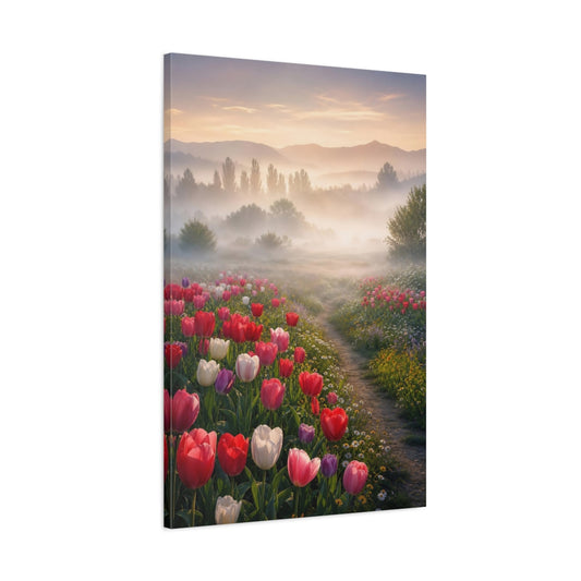 Main Mockup. Misty Tulip Meadow shown as canvas print
