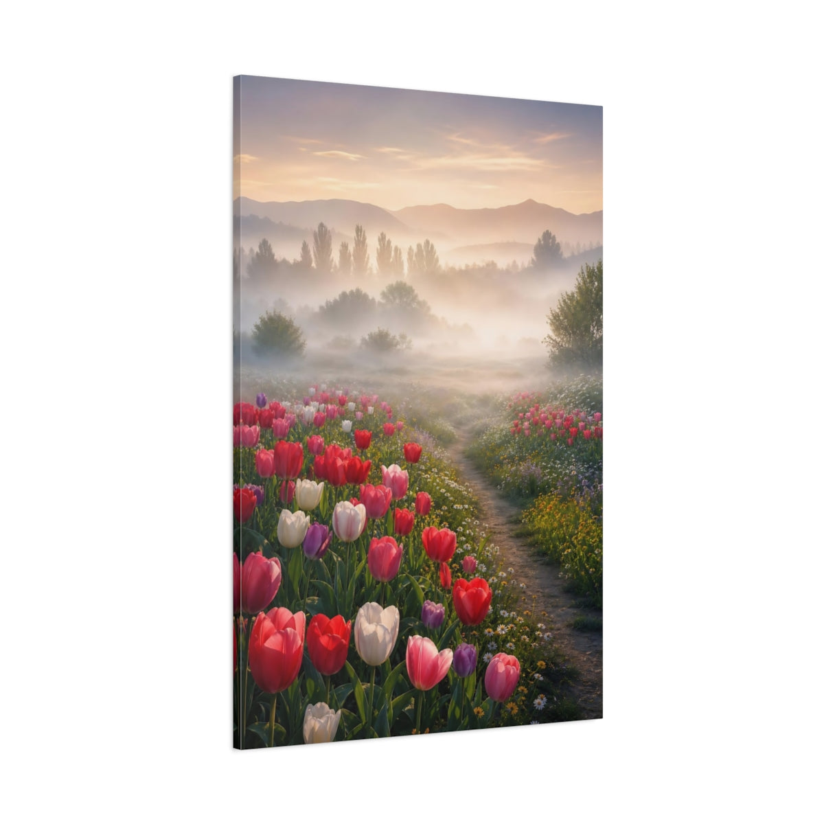 Side Mockup 1. Misty Tulip Meadow shown as canvas print
