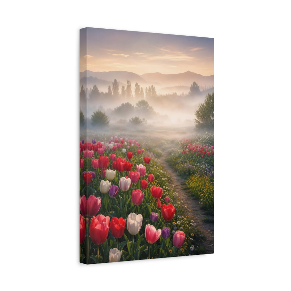 Side Mockup 4. Misty Tulip Meadow shown as canvas print