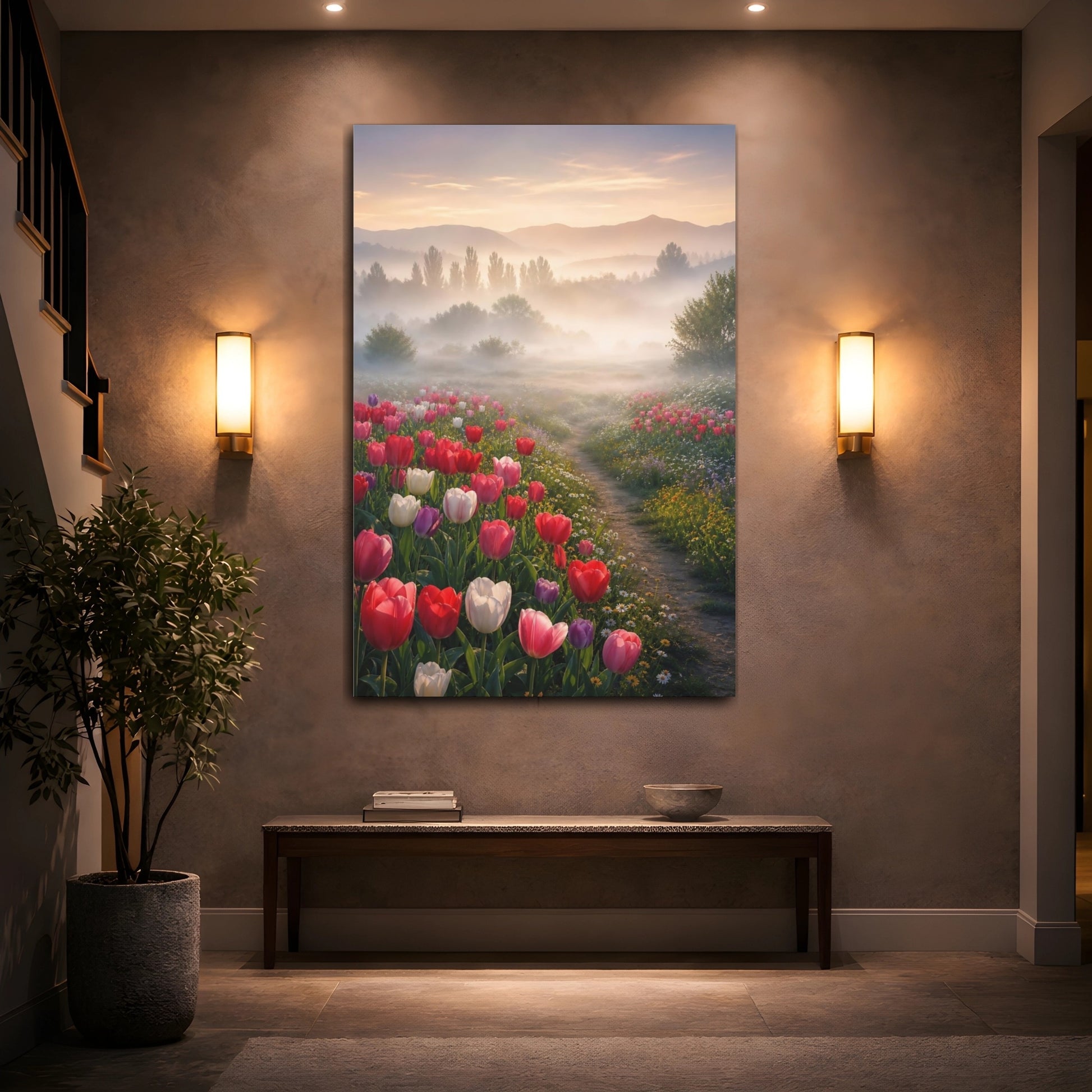 Mockup 2. Misty Tulip Meadow shown as canvas print