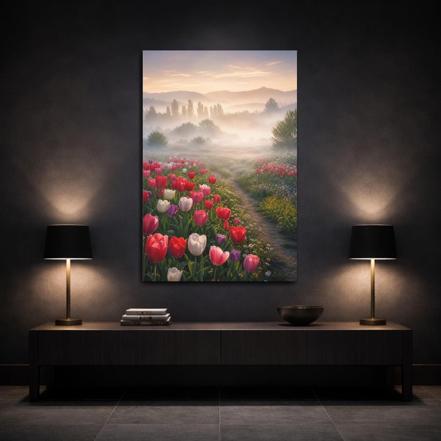 Mockup 3. Misty Tulip Meadow shown as canvas print