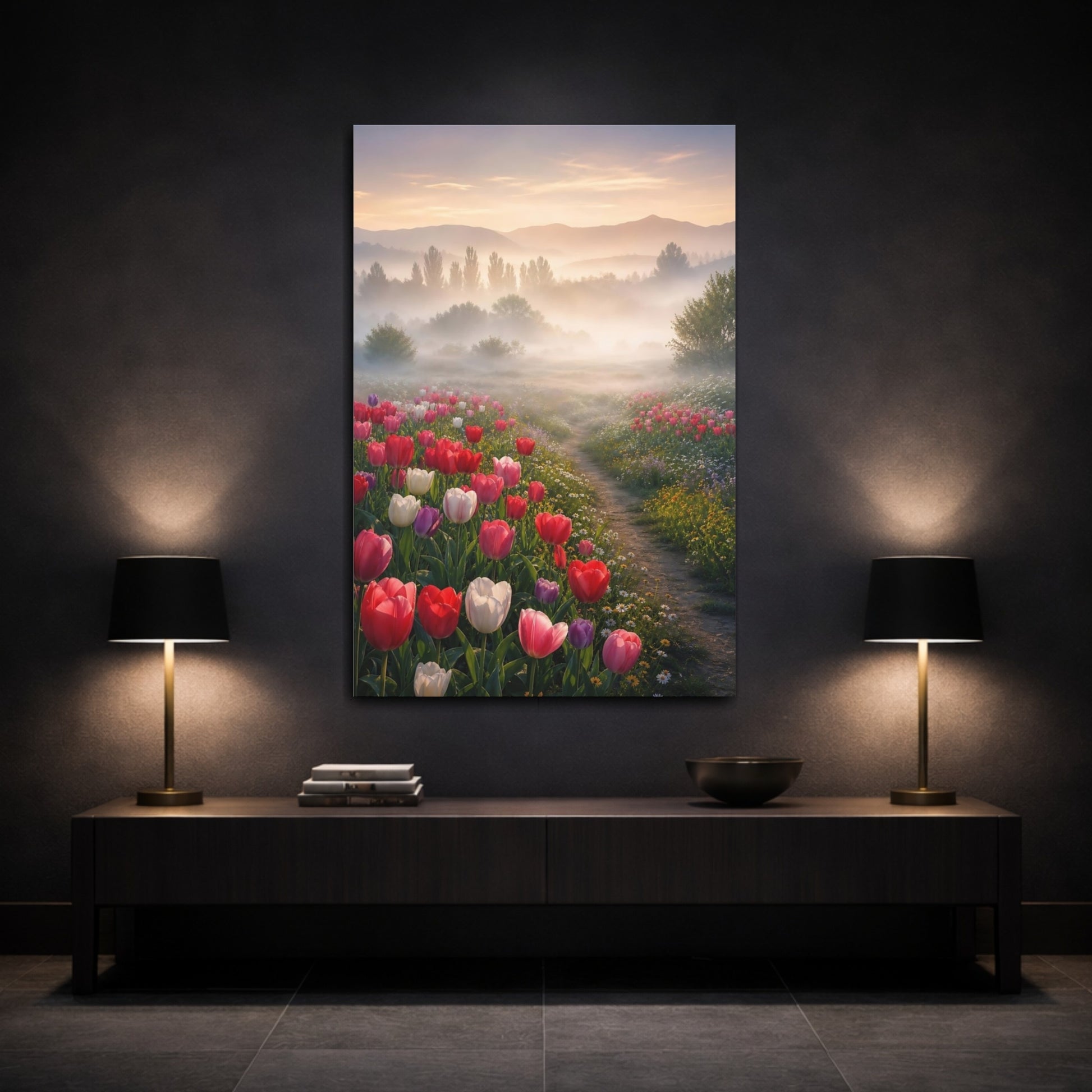 Mockup 3. Misty Tulip Meadow shown as canvas print