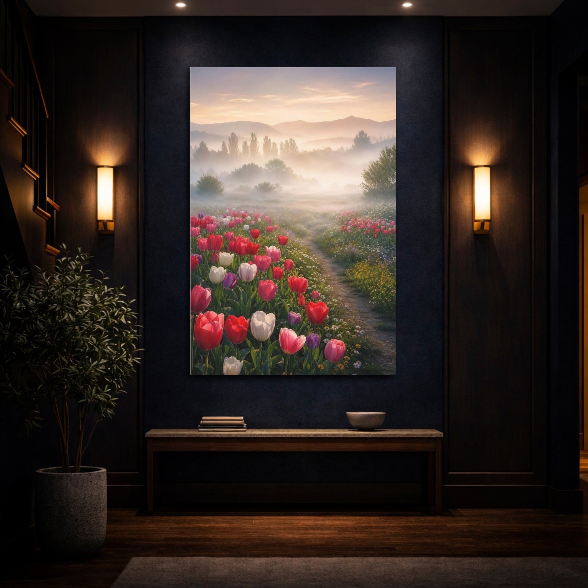 Mockup 4. Misty Tulip Meadow shown as canvas print
